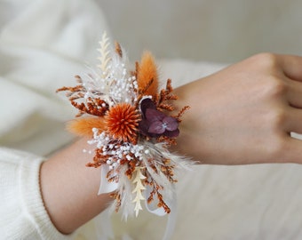 Burnt Orange Corsages,Wedding Corsages,Bridesmaid Bracelet,Wedding Accessory,Dry Corsages,Ladies Corsages,Flower Bracelet,Wrist Corsages
