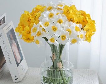 Bouquet de jonquilles artificielles,Jonquilles artificielles,Tiges de plantes artificielles,Décoration de mariage,Décoration de maison,jonquilles jaunes/blanches