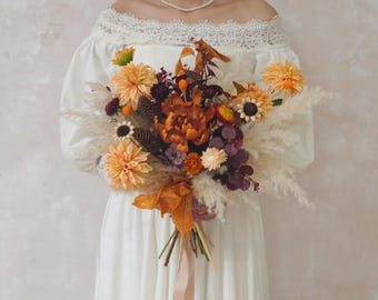 秋のオレンジのウェディングブーケ、オレンジの花嫁ブーケ、シルク