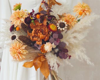秋のオレンジのウェディングブーケ、オレンジの花嫁ブーケ、シルク