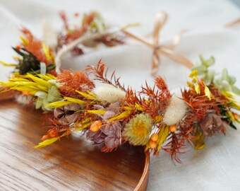 Pine Cone Dried Flower Crown,Orange Dried Flower Crown,Flower Girl Crown,Colorful Dried Flower Crown,Bohemian Style Crown,Bride Crown