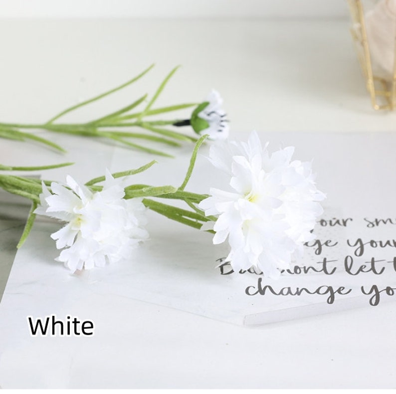 May include: A bunch of white artificial flowers with green stems. The flowers are arranged on a white surface with the word "White" written below them.