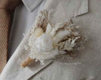 White Rose Dried Flower Boutonniere,Pampas Grass Boutonnière,Wedding Boutonnière,Boho Boutonniere,Party Boutonnière Wedding Flower