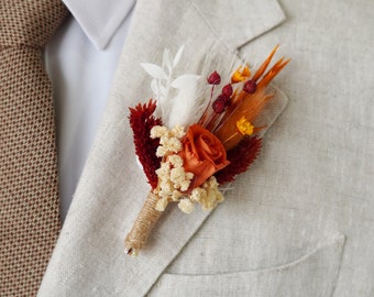 Autumn wedding boutonniere,Burnt Orange Rose Boutonniere,Dried Flower Boutonniere,Rust Terracotta Boutonniere,Groom Wedding Boutonnière