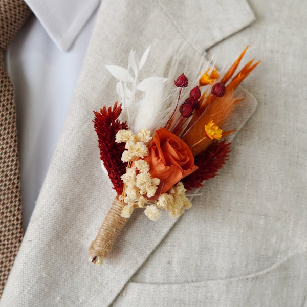 Autumn wedding boutonniere,Burnt Orange Rose Boutonniere,Dried Flower Boutonniere,Rust Terracotta Boutonniere,Groom Wedding Boutonnière