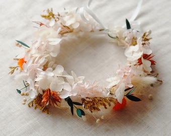 アジサイの花冠、ドライフラワーのヘッドドレス、フラワーガールの冠、カラフルなドライフラワーの冠、ボヘミアンスタイルの冠、花嫁の花冠