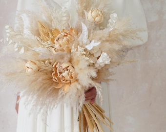 Solamu Peony Bouquet,Bride and BridesmaidsWhite Boho Bouquet,Bridal Bouquet Pampas Grass,Bridal Flower Bouquet