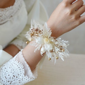 Gold And White Bride Corsage,Bride Bracelet,Wedding Accessory,Ladies Bracelet,Handmade Corsages,Wedding Flower Jewellery,Bride Wrist Corsage