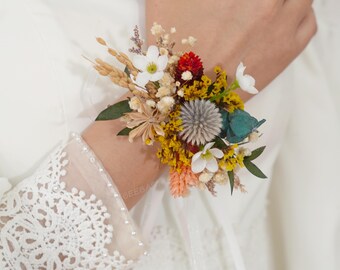 Corsage de poignet fruit chardon, fleurs séchées, corsage de poignet orange brûlé, mariage bohème, corsage de poignet en terre cuite rouille, corsage de poignet de mariée