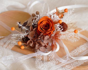 Corsage de poignet rose orange terre cuite, corsage de poignet en terre cuite, corsage de poignet de mariée, corsage de poignet de dame, accessoires de mariage, mariage bohème