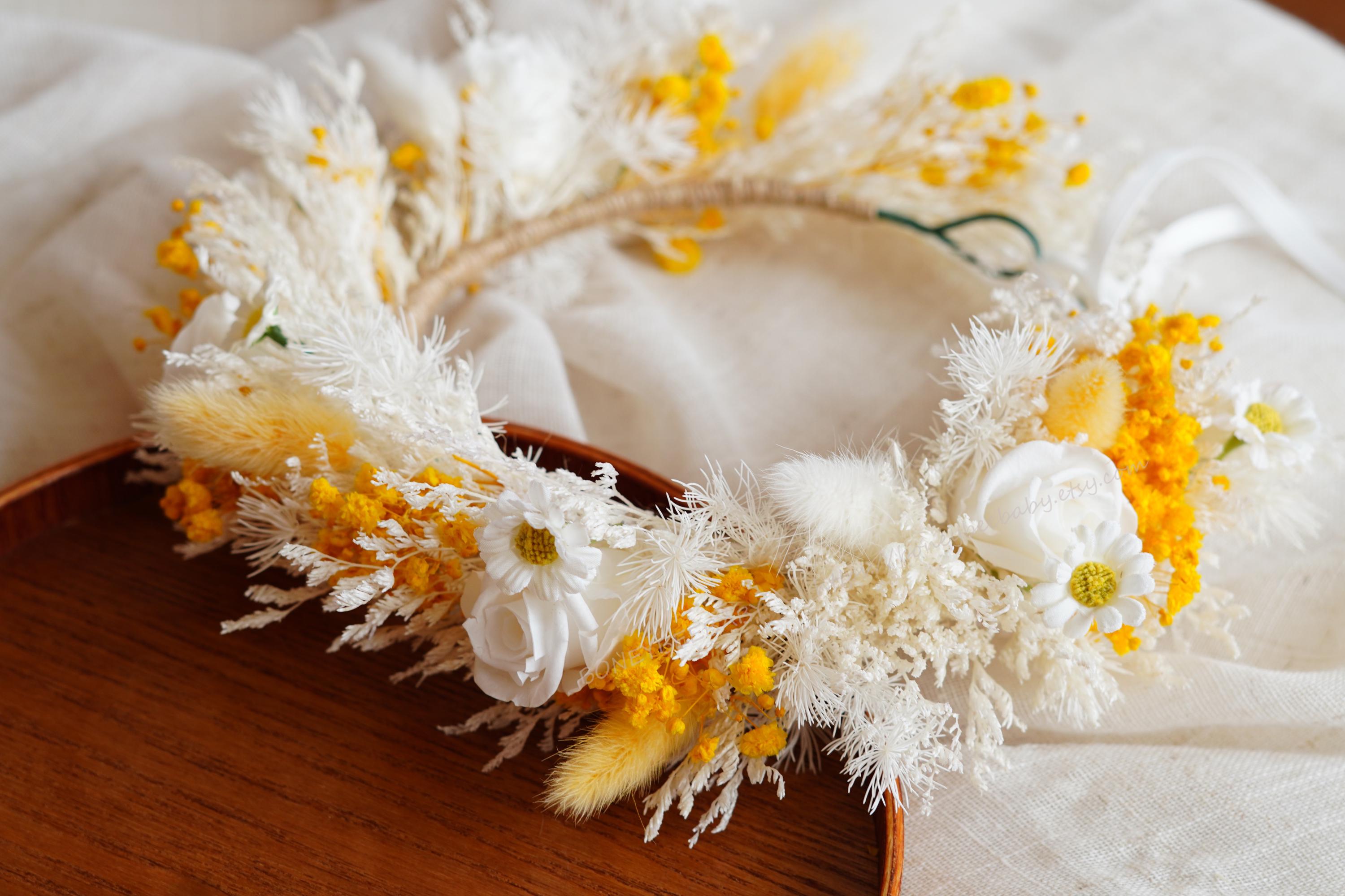 White & Yellow Flower Crown,rose Dried Flower Crown,flower  display picture 2
