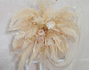 Decoración de arco de flores color crema, arco de flores de hierba de la pampa, fondo de boda, arco de flores, boda bohemia, arco de flores de boda, boda rústica
