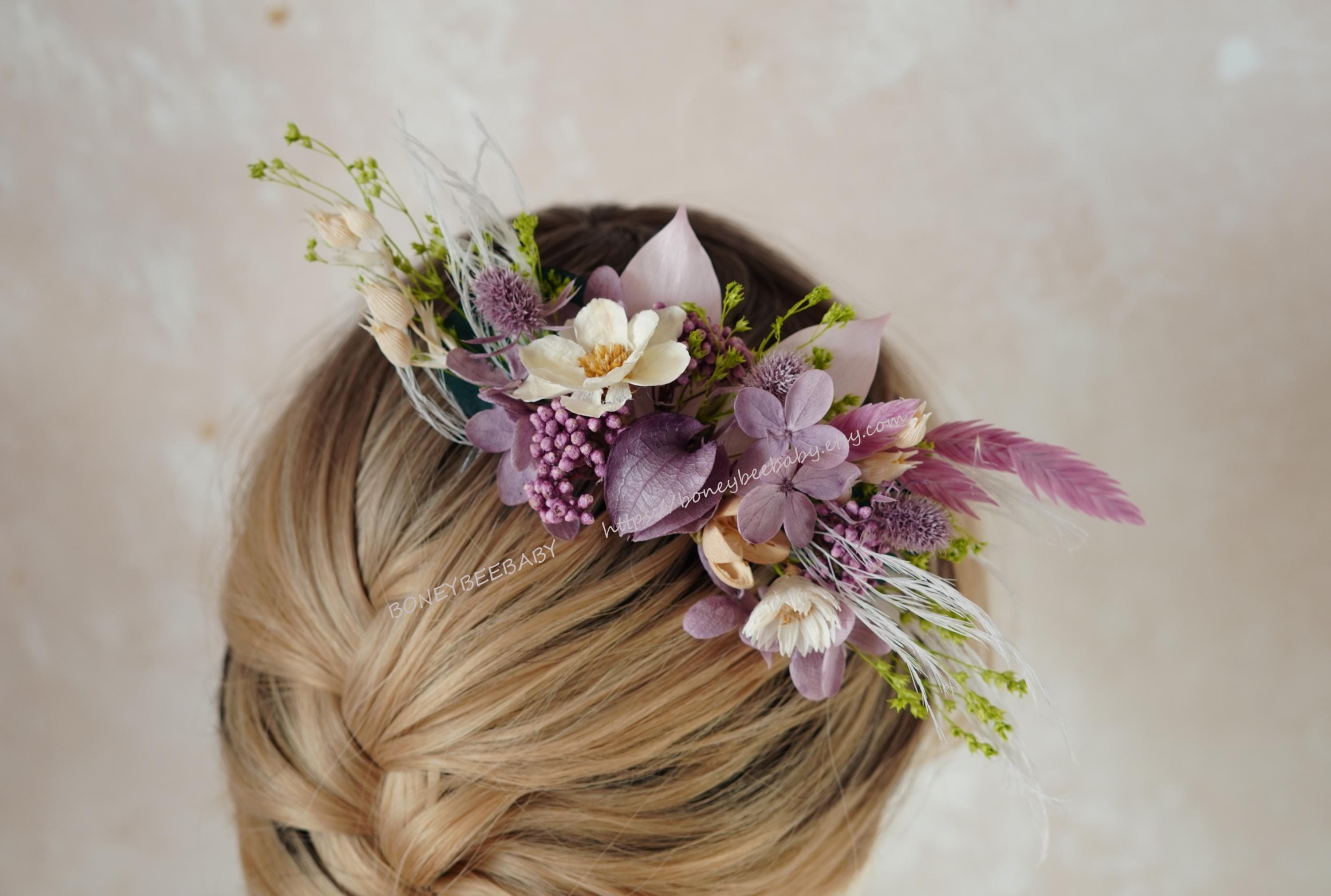 Peignes à Cheveux Vintage Années 50 - Fleurs Sculptées En Celluloïd - Rose Et Violet - USA