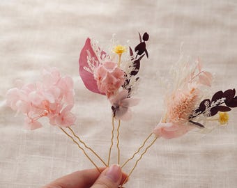 ピンクのヘアクリップセット、ピンクの花のヘアピン、天然プリザーブド