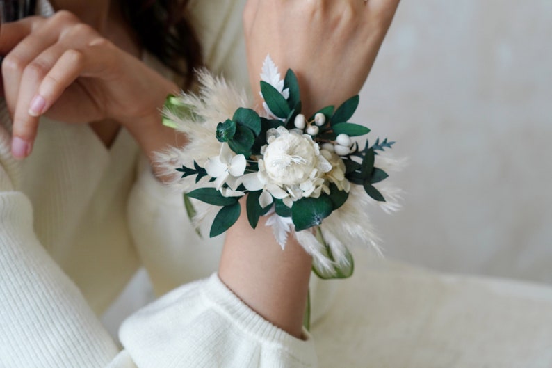 Green Eucalyptus Corsages,Bride/Bridesmaid Corsages,Wedding Corsages,Wrist Corsages,Wedding Accessory,Flower Bracelet,Pampass Corsages image 1