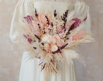 Romantic Wedding Bouquet,Bridal Bouquet,Dried Flower Bouquet,Pink Rose Bouquet,Pink Bouquet,Boho Bridal Bouquet,Pampas Grass Bridal Bouquet