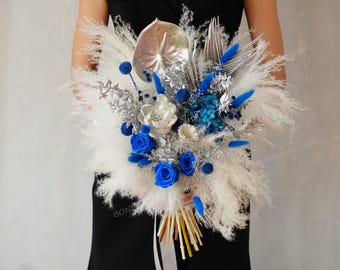 Navy Blue Rose/Silver/White Bouquet,Navy Blue Wedding Bouquet,Dried Flower Bouquet,Bridesmaid Bouquet,Wedding Bouquet