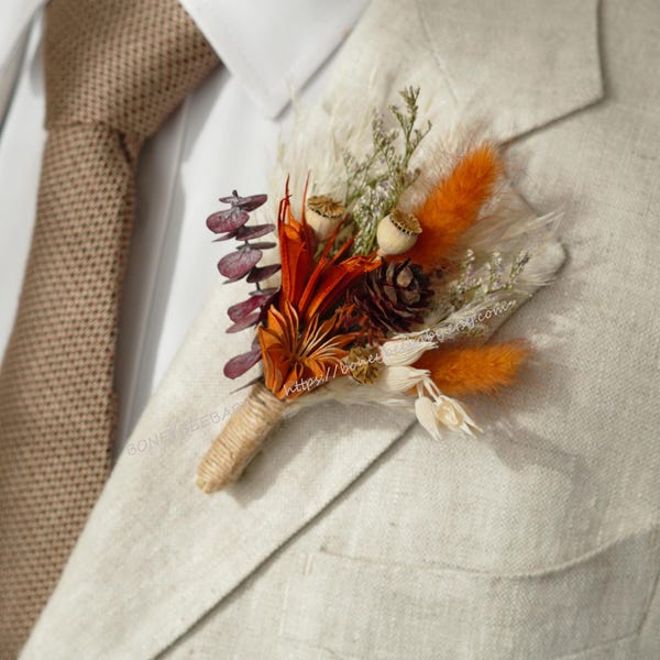 Burnt Orange Wedding Accessories,Groom Wedding Boutonnière,Autumn wedding boutonniere,Burnt Orange Rose Boutonniere,Dried Flower Boutonniere
