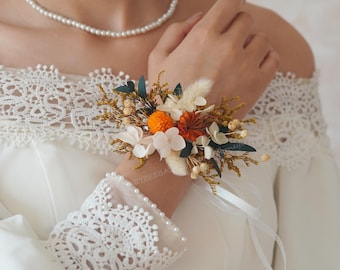 Corsage de poignet mère, accessoires de mariage, corsage de poignet orange brûlé, mariage bohème, corsage de poignet en terre cuite rouille, corsage de poignet de la mariée