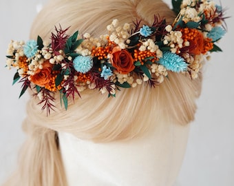 Burnt Orange Crown,Colorful Dried Flower Crown,Autumn Wedding Crown,Flower Girl Crown,Dried Flower Crown,Boho Crown,Bridal Crown