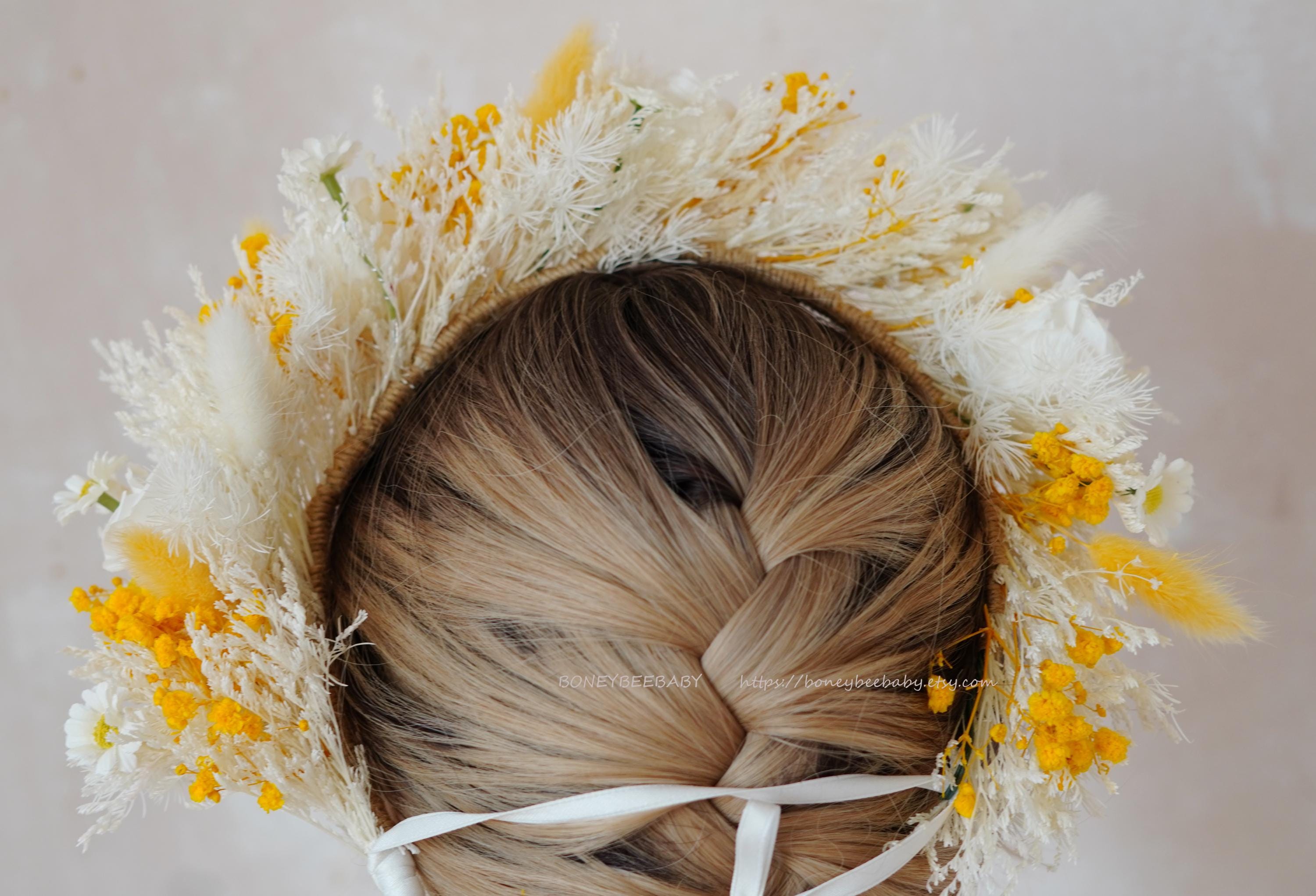 Hand Crafted White and Yellow Floral Hair Crown Yellow Ivory Flower Crown: Bridal Dried Floral Headpiece - Etsy main image 2