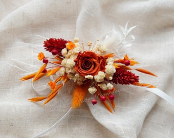 Corsage gypsophile terre cuite + crème, corsage de poignet de la mariée, corsage de poignet rose orange brûlé, corsage de poignet mère, corsage de mariage, mariage bohème