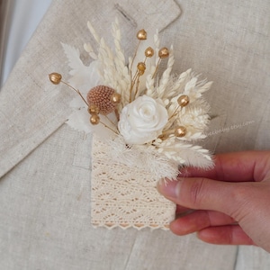 White Rose and Gold Dried Flower Pocket Boutonniere,Pampas Grass Boutonnière,Wedding Boutonnière,Boho Boutonniere,Party Boutonnière