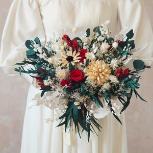 Eucalyptus Leaf and Red Wedding Bouquets,Rustic Boho Bouquet,Rose and Eucalyptus Design,Bridal Bouquet,Wedding Bouquet,Dried Flowers Wedding