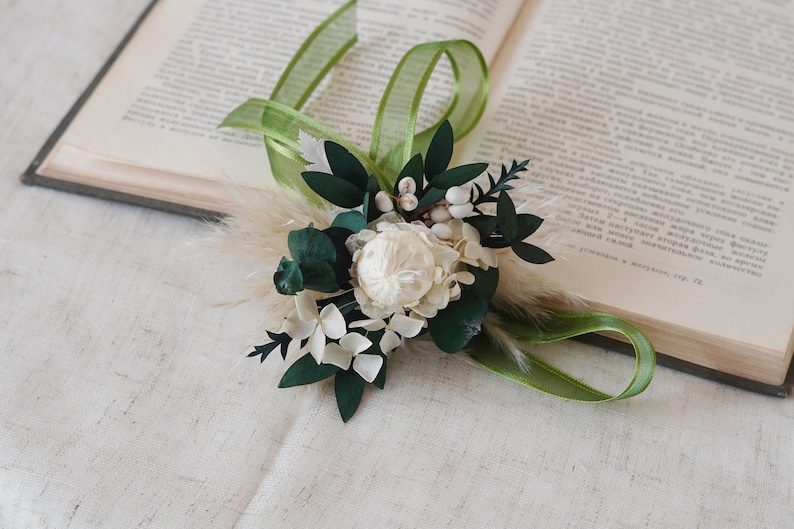 Green Eucalyptus Corsages,Bride/Bridesmaid Corsages,Wedding Corsages,Wrist Corsages,Wedding Accessory,Flower Bracelet,Pampass Corsages image 2