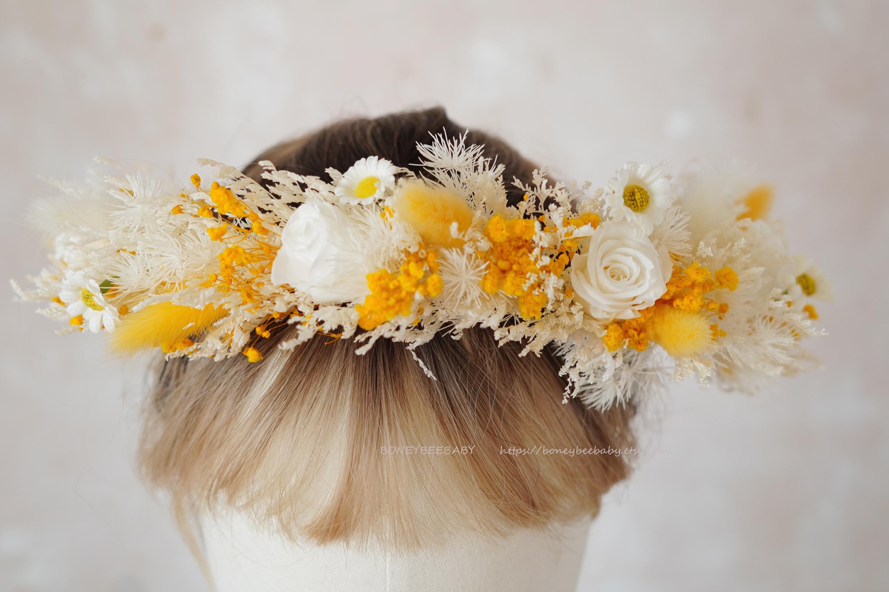 Hand Crafted White and Yellow Floral Hair Crown Yellow Ivory Flower Crown: Bridal Dried Floral Headpiece - Etsy main image 4