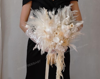 Bohemian Wedding Dried Flowers Bouquet,White Theme Wedding Bouquet,Pampas Grass Bridesmaid Bouquet,White Dried Flower Bridal Bouquet
