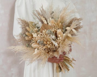 Verduurzaamd gedroogd bloemstuk, boeket eucalyptus en hortensia, rustieke boho-bruiloftbloemen, bruidsboeket, Forever-boeket