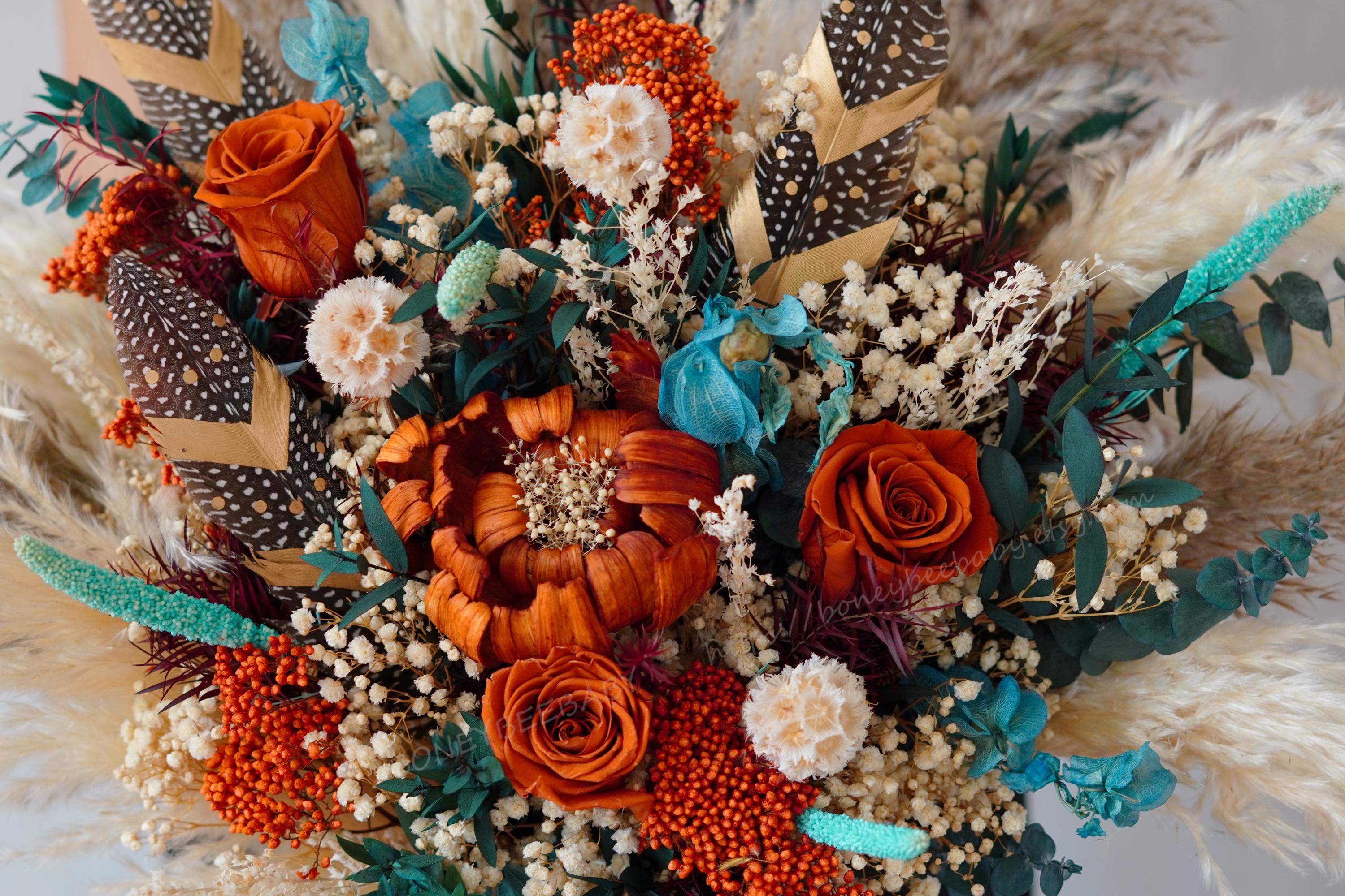 Peacock Blue,terracotta,pheasant Feather + Pampas Grass Bouquet