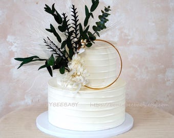 Topper na tort,Topper na tort z zielonym liściem,Topper na tort,Topper na tort imprezowy,Topper na tort z suszonymi kwiatami,Wianek na dekorację ślubną,Topper na tort kwiatowy