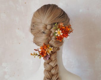 Burnt orange silk flower hair clip,Hair Pins,Rustic Boho Bridal hair piece,Wedding hair,Bridal Hair Clip,Wedding Hair Clip
