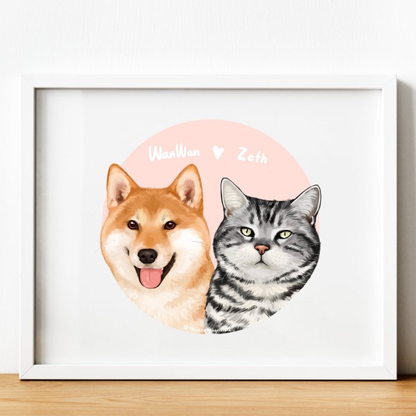 PET Customs, Shiba Inu Art, Multi Pet PORTRAIT, Pet Portraits, Custom Pet PHOTO Paper Print Canvas Framed Poster As Pet Remembrance Gift