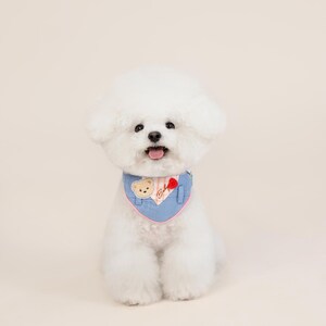 May include: A white Bichon Frise dog wearing a blue denim bandana with a pink trim and a small embroidered bear and heart design.