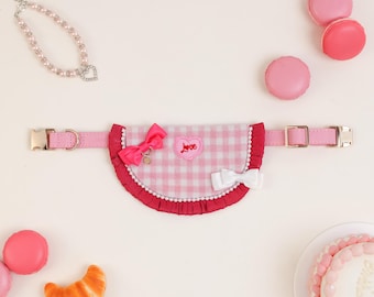 Pink Dog Collar Bib | Adjustable Plaid Pet Accessory | Valentine’s Bow Dog Neckwear | Cute Pearl Trim Bib
