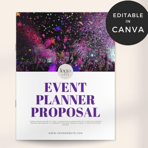 May include: Editable event planner proposal template in Canva. The template features a colourful confetti background with a crowd of people raising their hands in the air. The text "EVENT PLANNER PROPOSAL" is in bold purple text. The text "WWW.YOURWEBSITE.COM" is at the bottom of the template.