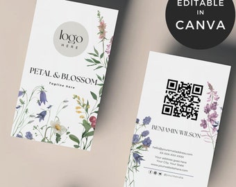 Florist Business Cards, Wild Flower Business Card Canva, Flower Shop Business Card, Floral Business Card Template, Event Florist Business