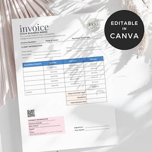 May include: Editable invoice template in Canva with a blue and white colour scheme. The template includes sections for client information, description of service, quantity, unit price, amount, taxes, discounts, total amount due, and payment information. The template also includes a logo placeholder and a space for a signature.