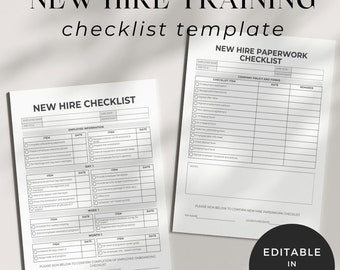 May include: A printable checklist template for new hire training. The checklist includes sections for employee information, company policy and forms, and onboarding tasks. The template is editable in Canva.