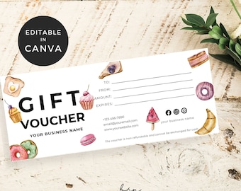 May include: A printable gift voucher template with a watercolor design featuring various sweet treats like cupcakes, donuts, and popsicles. The template is editable in Canva and includes fields for the recipient, giver, amount, and expiration date. The voucher is non-refundable and cannot be exchanged for cash.