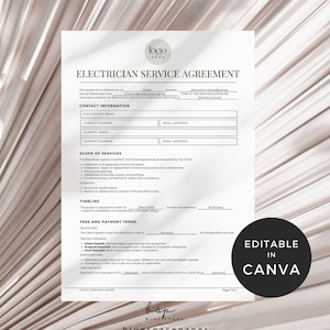 May include: Editable electrician service agreement template in Canva. The template includes sections for contact information, scope of services, timeline, fees and payment terms.