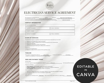 Elektriker Service Vereinbarung, Elektro Service Vertrags Vorlage, Elektrotechniker Vorlage Canva, Wartung Reparatur Mechanisch