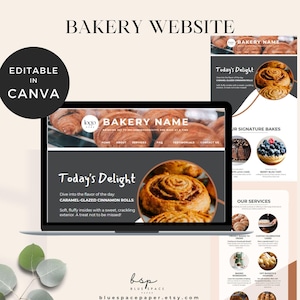 Pode incluir: Uma maquete de um site de padaria com um fundo cinza escuro e uma foto de rolinhos de canela cobertos com caramelo. O site inclui seções para "O deleite de hoje", "Nossas fornadas de assinatura" e "Nossos serviços".