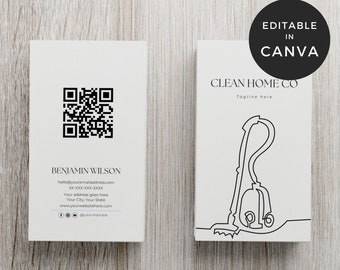 May include: A black and white business card with a QR code, contact information, and the text "BENJAMIN WILSON". The card also includes a line drawing of a vacuum cleaner and the text "CLEAN HOME CO Tagline here".