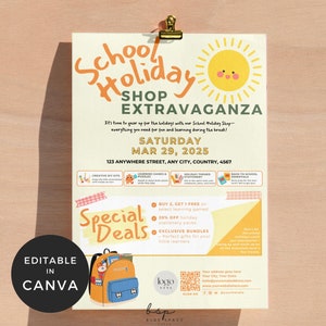 Folleto de la tienda de vacaciones escolares, folleto de bienvenida al colegio, folleto de útiles escolares para el aula, plantilla de folleto para hacer uno mismo para un evento, primer día de colegio