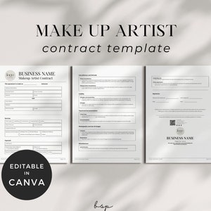 Puede incluir: Una plantilla de contrato imprimible en blanco y negro para maquilladores. La plantilla incluye secciones para el nombre de la empresa, los servicios, las consultas y los reembolsos, la responsabilidad, los viajes y el alojamiento, la fotografía y el uso de imágenes, varios y las firmas. El texto "MAKE UP ARTIST contract template" está en la parte superior de la página.