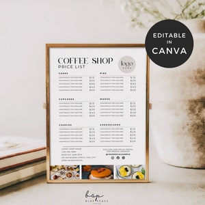 Lista de preços de cafeteria, modelo de menu de café, placa de menu de café, canva de lista de preços de padaria, placa de preços de negócios de panificação doméstica, padaria